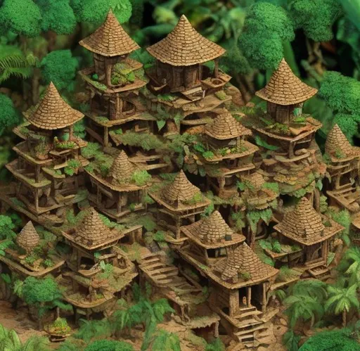 Prompt: A large, multi level, lizard folk village in the jungle.