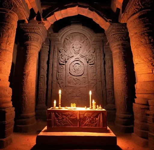 Prompt: Large alter at the center of a dimly lit, massive empty chamber, inside the snake temple. There is a mild magic glow on the alter. The motif of the stone carvings on the walls is snake eyes
