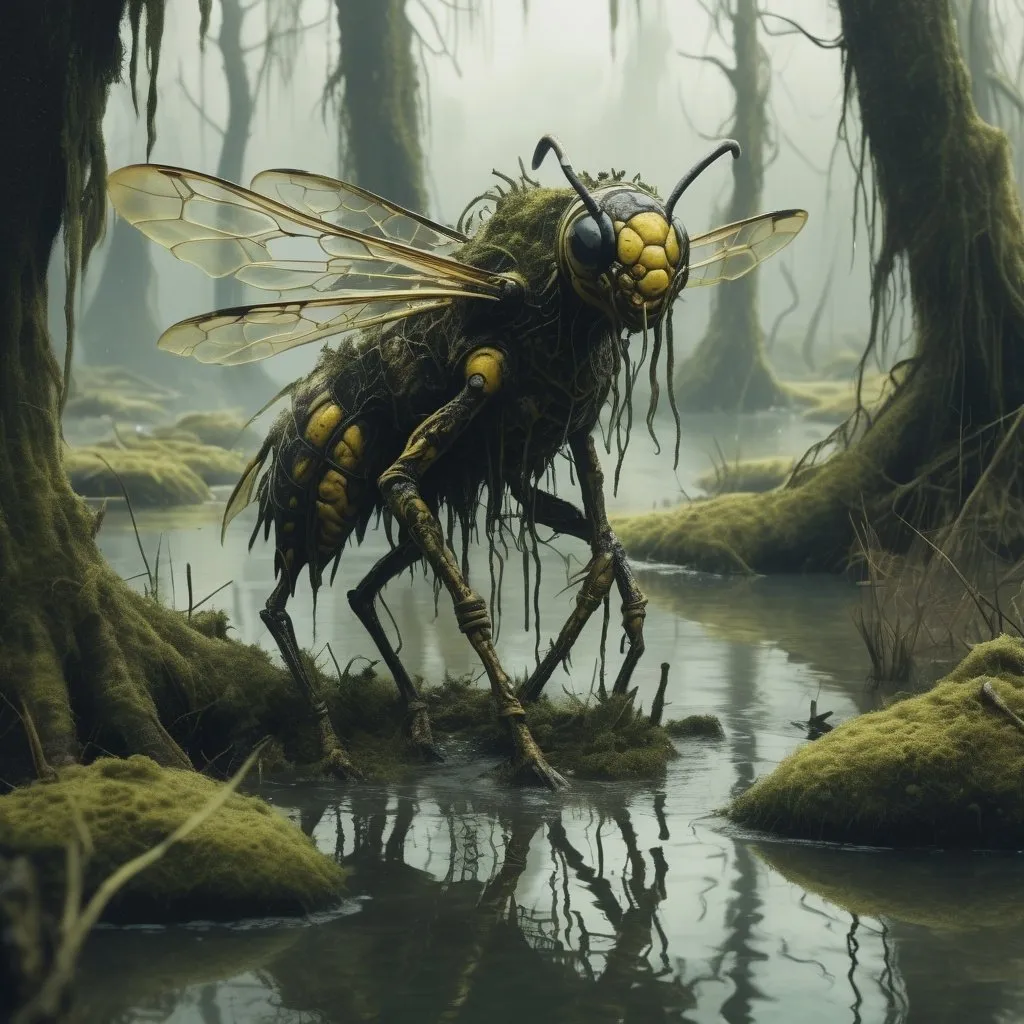 Prompt: Mutant wasp character in a swamp, humanoid, rotting carapace, dull colors, fantasy character art, illustration, dnd, moss tone