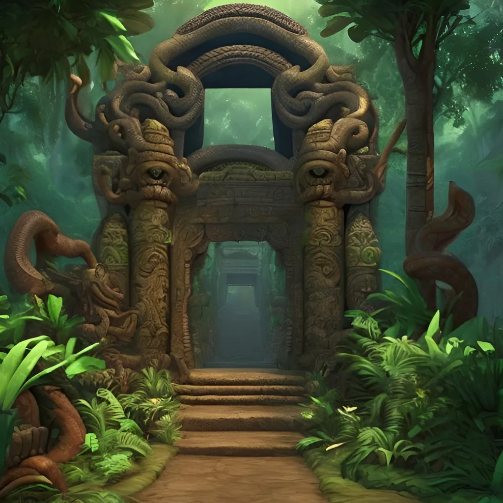 Prompt: Entrance to an ancient, magical, jungle temple dedicated to a snake god. 