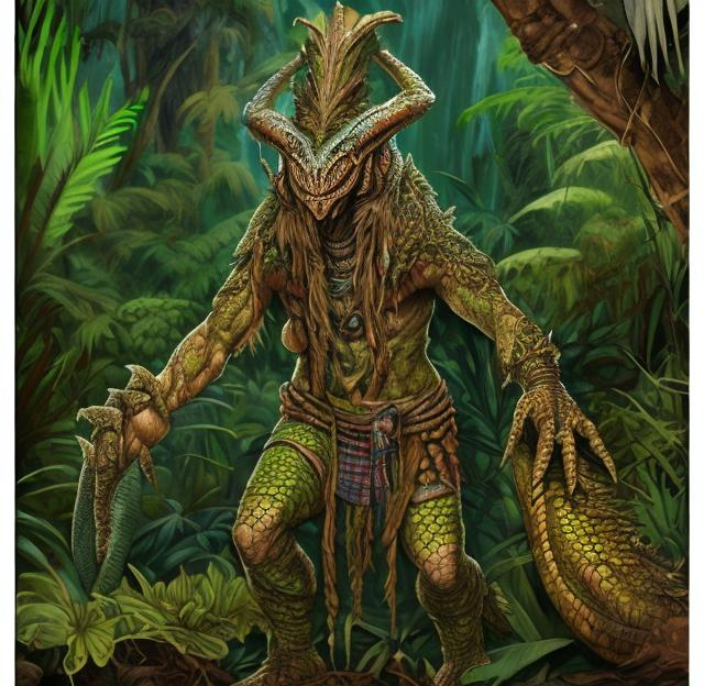 Prompt: A large lizard man shaman in the jungle.