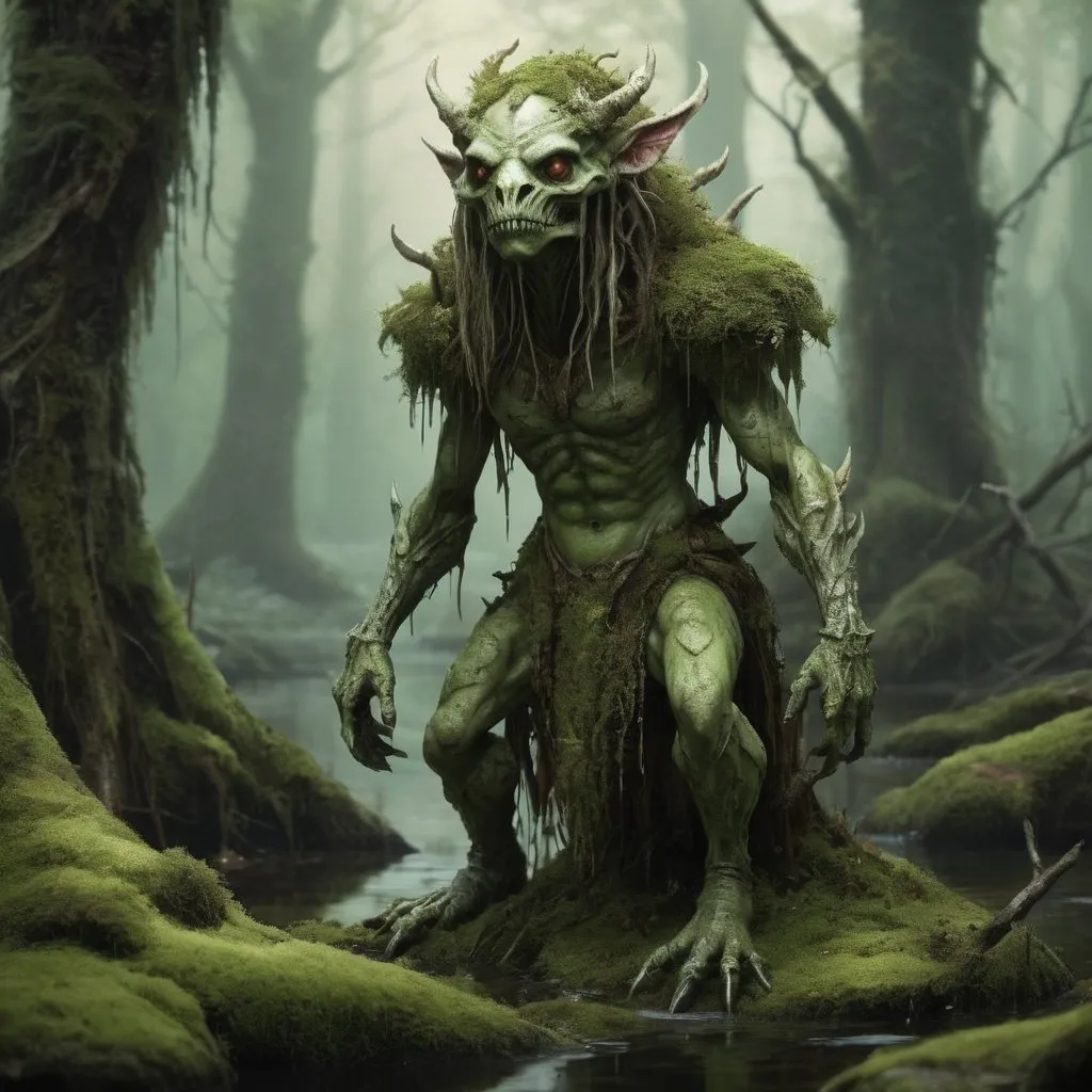 Prompt: dungeons and dragons style, small fey spirit of decay, beastly features, moss, swamp,  predator 