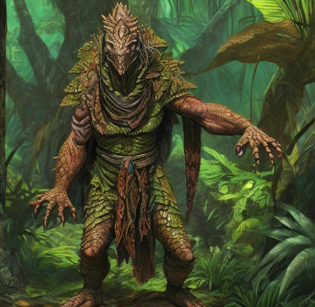 Prompt: A large lizard man shaman in the jungle.