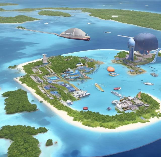 Prompt: A tropical island entirely covered by a combination sea port and blimp landing pads.