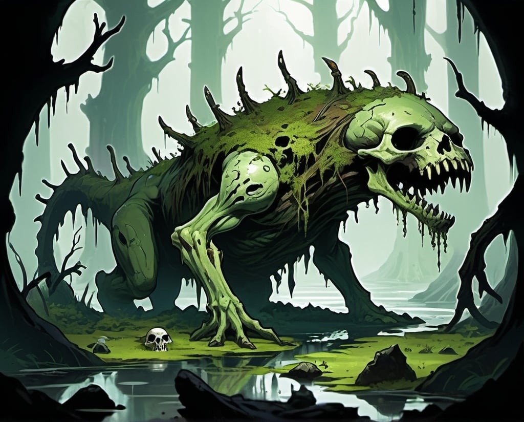 Prompt: dungeons and dragons style, small spirit of decay, beastly features, moss, swamp, bones, malevolence