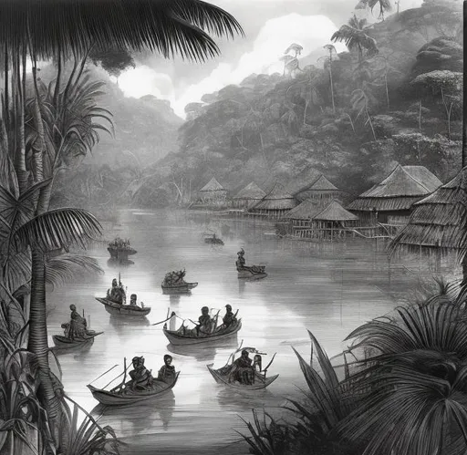 Prompt: A jungle river trading village from Joseph Conrad's Heart of Darkness