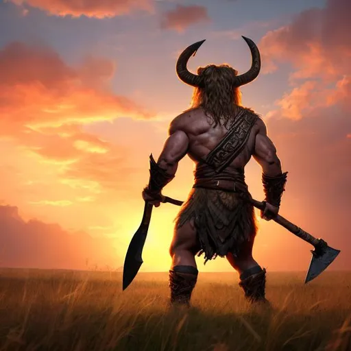 Prompt: From behind, a clothed Minotaur barbarian heroically holding an axe in one hand, the other hand is empty. The minotaur is standing in tall grass, facing the horizon watching the sunset.