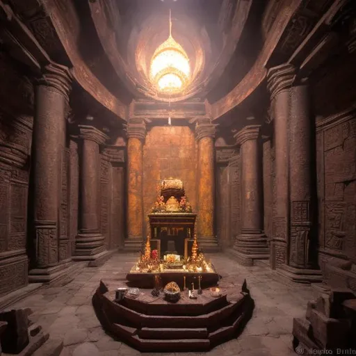 Prompt: Large alter at the center of a massive chamber inside the snake temple.