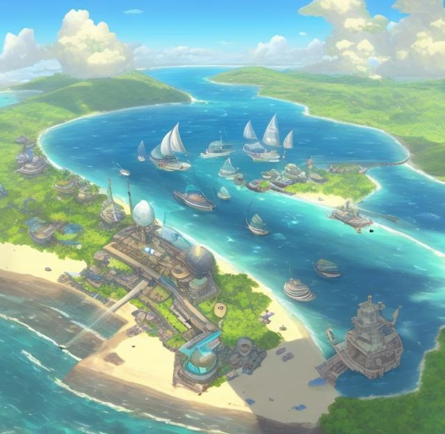 Prompt: A small tropical island entirely covered by a combination sea port and airship port.