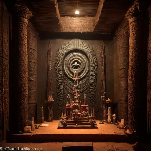 Prompt: Large alter at the center of a dimly lit, massive empty chamber, inside the snake temple. There is a mild magic glow on the alter. The back wall is a huge abstract snake eye.