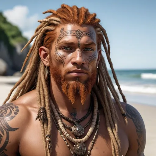 Prompt: hyper-realistic, eyeless, human beach druid character, bronze skin, ginger dreadlocks, shaman, facial tattoos, fantasy character art, illustration, dnd