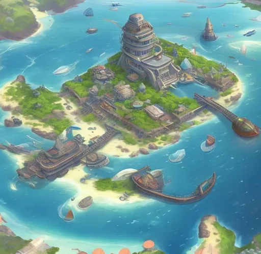 Prompt: A small tropical island entirely covered by a combination sea port and airship port.