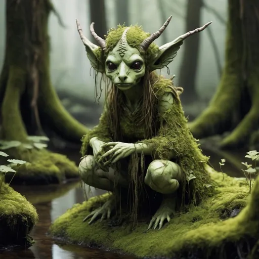 Prompt: dungeons and dragons style, small fey spirit of decay, animal features, moss, swamp