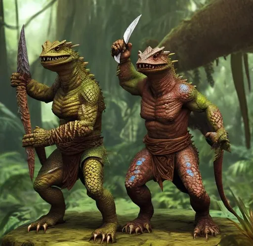 Prompt: Two large lizard men barbarian in the jungle.