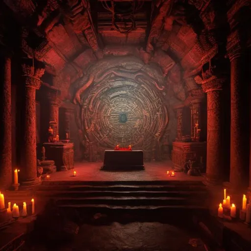 Prompt: Large alter at the center of a dimly lit, massive empty chamber, inside the snake temple. There is a mild magic glow on the alter.