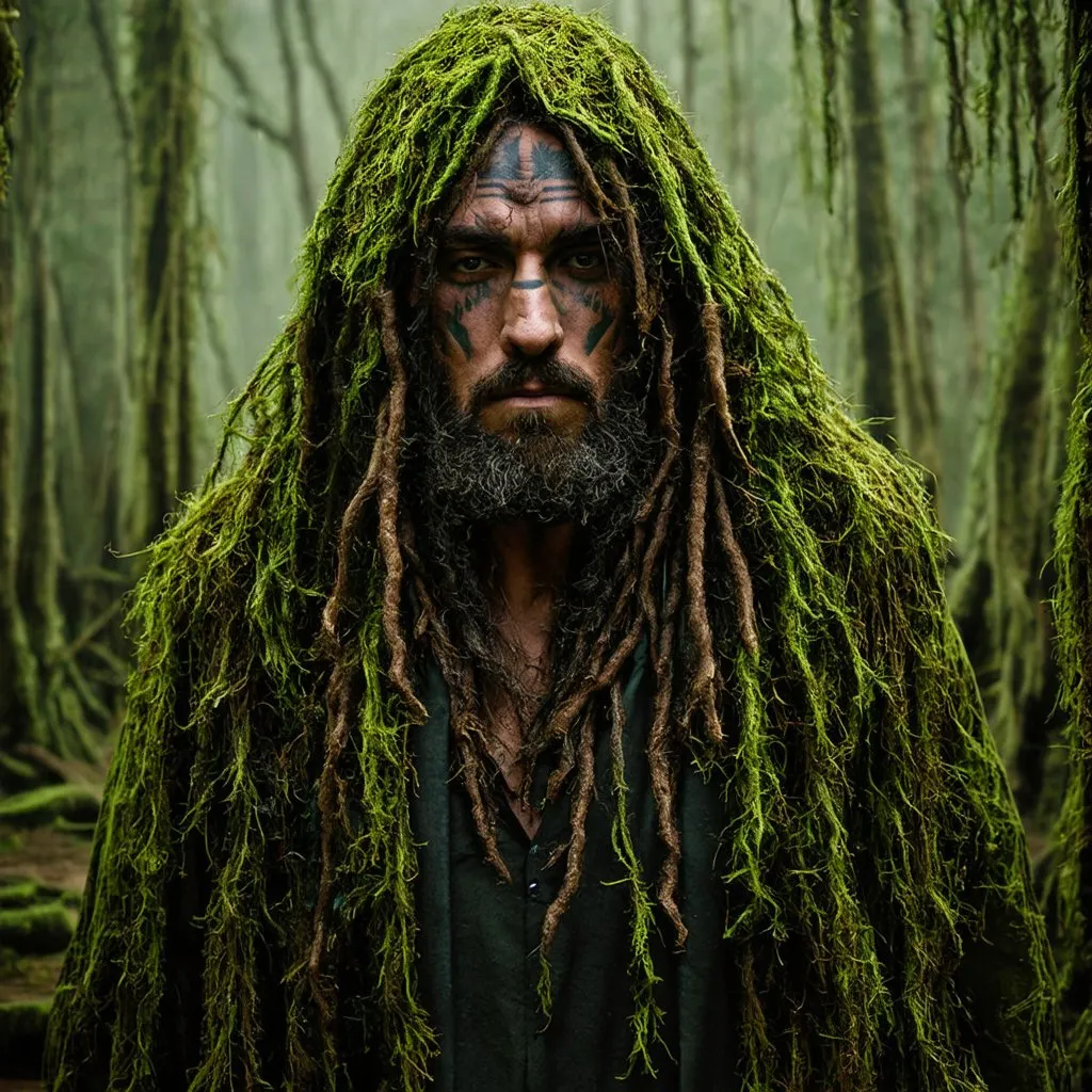 Prompt: Human male druid, cloaked, bold facial tattoos, Spanish moss, dreadlocks, decay, swamp