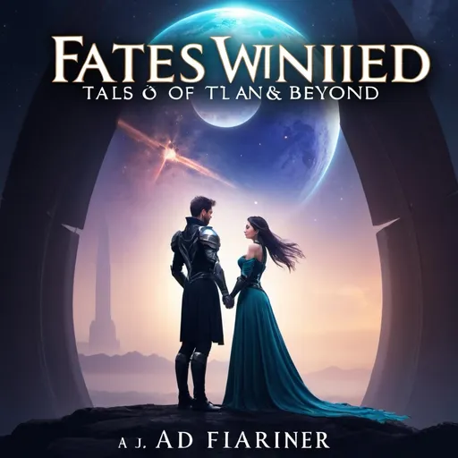 Prompt: Fates Entwined: Tales of Love and Beyond  - a book cover that is futuristic, romance, and fantasy that is very philosophical