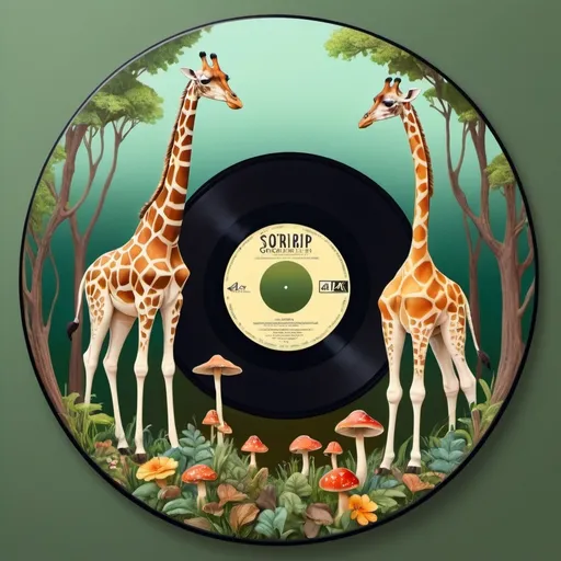 Prompt: TWO birds and giraffes inside ONE SINGLE VYNIL RECORD WITH SOBRID COLORS AND A NATURE BACKGROUND WITH mushrooms and A EMPTY SPACE TO PUT TEXT