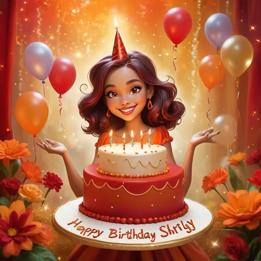 Prompt: (accurately spelled text "Happy Birthday Shirly!"), vibrant fantasy style, warm golden sunlight, rich hues of red and orange, lush enchanting background with whimsical elements, sparkles and glowing details, magical atmosphere, cheerful and joyous mood, ultra-detailed, visually striking, delightful scene filled with wonder and happiness, radiating positivity and festive celebration.