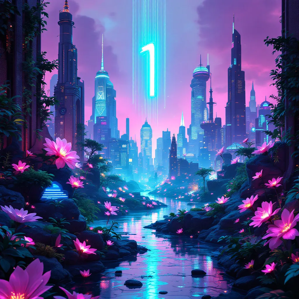 Prompt: “Futuristic cityscape glowing with soft neon hues of pink, purple, and blue, representing Bloom City. The number 1 is integrated into the architecture or floating as a hologram above the skyline. Organic shapes, luminous flowers, and advanced technology blend seamlessly in a surreal dreamlike setting. Atmosphere is immersive, mystical, and utopian — inspired by festivals, light art, and electronic music. High detail, cinematic lighting, ethereal ambience.”
