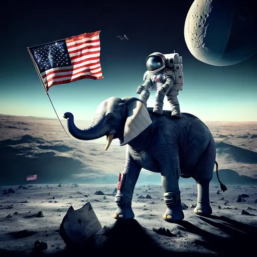 Prompt: Elephant in space suit holding American flag on the moon, realistic digital painting, stars and earth in the background, high definition, detailed fur texture, surreal, cosmic lighting, lunar landscape, astronaut helmet reflection, futuristic, space exploration, moon landing, epic scenery, highres, ultra-detailed, realistic, cosmic, lunar, detailed fur, surreal lighting