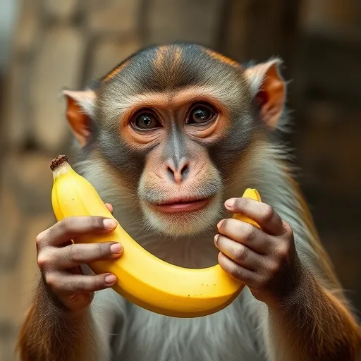 Prompt: Smirking adult monkey giving a banana to camera with one hand