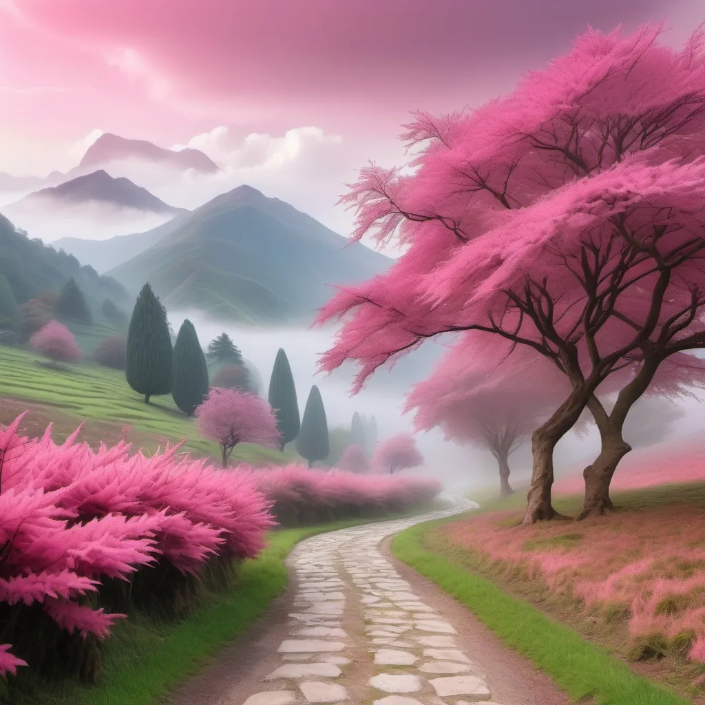 Prompt: A beautiful path through a lush pink landscape with a pink tree in the foreground and a misty mountain in the background. The scene is serene and peaceful, and it's perfect for a relaxing walk. 🍃🏞️