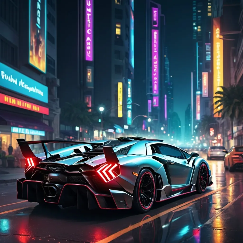 Prompt: a metropolis city in the night, extremely lively, lots of Lamborghini Veneno roaming around the roads.