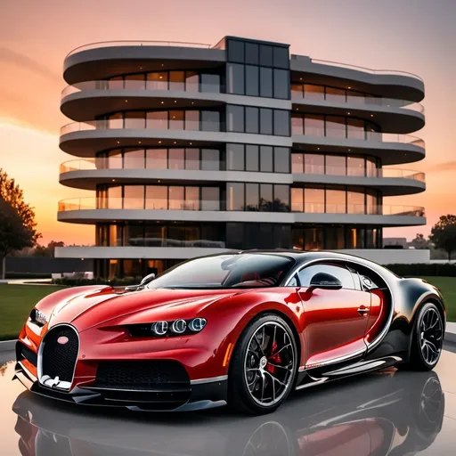 Prompt: Ten black mix with red Bugatti Chiron Super Sport 300+ parking next to each other in a row in a massive yard of a luxurious and modern penthouse. Sunset