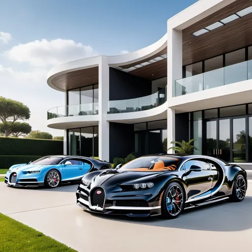 Prompt: (Four Bugatti Chiron Super Sport 300+ parked), sleek black mixed with elegant white, (opulent luxurious penthouse yard), modern architecture, lush greenery, vast spacious layout, bright blue sky, sunlight reflecting off the cars' polished surfaces, (high-quality 4K ultra-detailed), exquisite design elements, stylish outdoor furniture, elegant ambiance, a stunning display of automotive excellence.