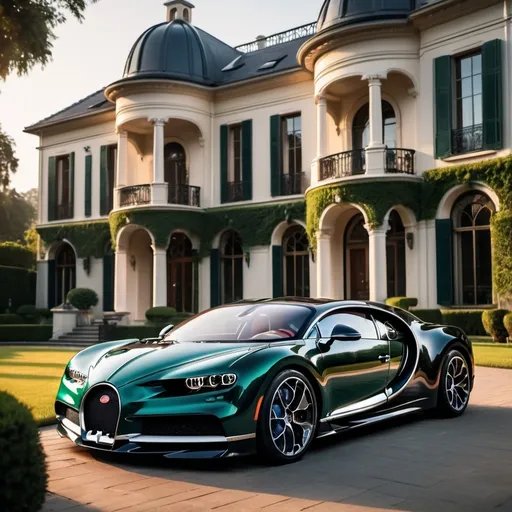 Prompt: (Three black Bugatti Chiron), luxurious and massive mansion, (opulent architecture), immaculately manicured lawn, grand entrance, elegant design, late afternoon sunlight casting dramatic shadows, vibrant emerald greenery, warm hues reflecting from the mansion, (high contrast), (4K), ultra-detailed, sophisticated ambiance, (rich textures) creating a cinematic and glamorous scene.