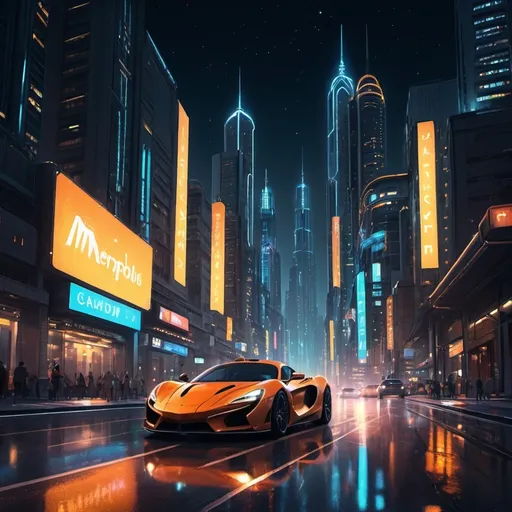 Prompt: a metropolis city in the night, extremely lively, not really crowded, supercars roaming around the roads.