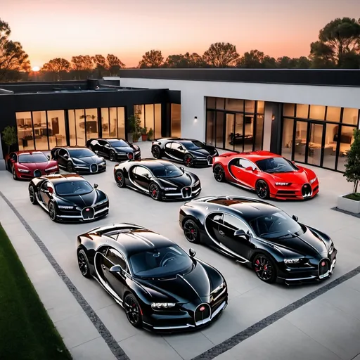 Prompt: Ten black mix with red Bugatti Chiron Super Sport 300+ parking next to each other in a line in a massive yard of a luxurious and modern penthouse. Sunset