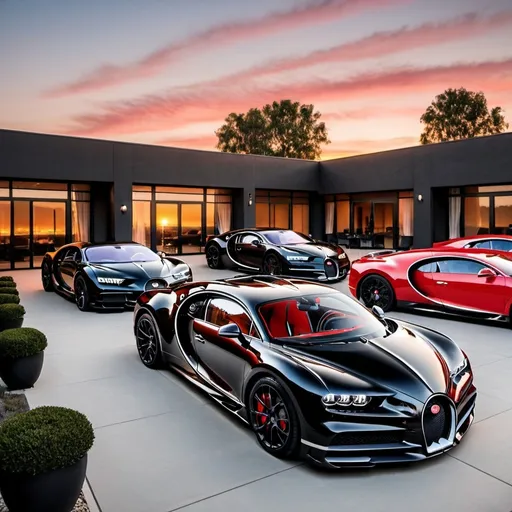 Prompt: Ten black mix with red Bugatti Chiron Super Sport 300+ parking next to each other in a row in a massive yard of a luxurious and modern penthouse. Sunset