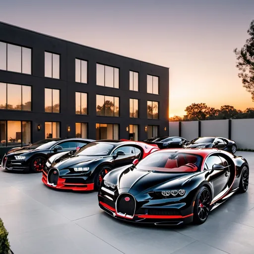 Prompt: Ten black mix with red Bugatti Chiron Super Sport 300+ parking next to each other in a line in a massive yard of a luxurious and modern penthouse. Sunset