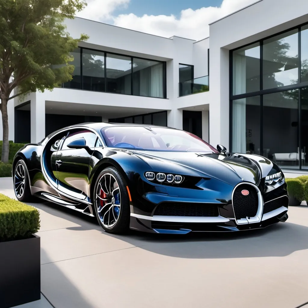 Prompt: (Ten Bugatti Chiron Super Sport 300+ parked), sleek black mixed with elegant white, (opulent luxurious penthouse yard), modern architecture, lush greenery, vast spacious layout, bright blue sky, sunlight reflecting off the cars' polished surfaces, (high-quality 4K ultra-detailed), exquisite design elements, stylish outdoor furniture, elegant ambiance, a stunning display of automotive excellence.