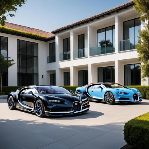 Prompt: (Four Bugatti Chiron Super Sport 300+ parked), sleek black mixed with elegant white, (opulent luxurious penthouse yard), modern architecture, lush greenery, vast spacious layout, bright blue sky, sunlight reflecting off the cars' polished surfaces, (high-quality 4K ultra-detailed), exquisite design elements, stylish outdoor furniture, elegant ambiance, a stunning display of automotive excellence.