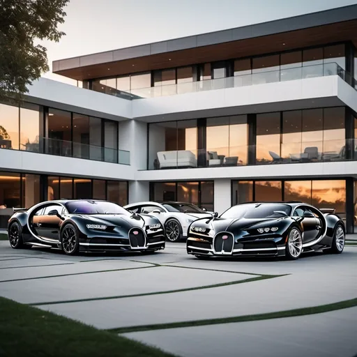 Prompt: Four black mix with white Bugatti Chiron Super Sport 300+ parking next to each other in a massive yard of a luxurious and modern penthouse.