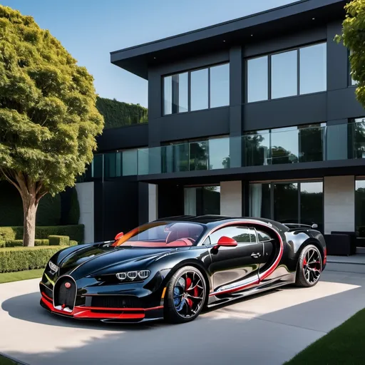 Prompt: Four black mix with red Bugatti Chiron Super Sport 300+ parking next to each other in a massive yard of a luxurious and modern penthouse.