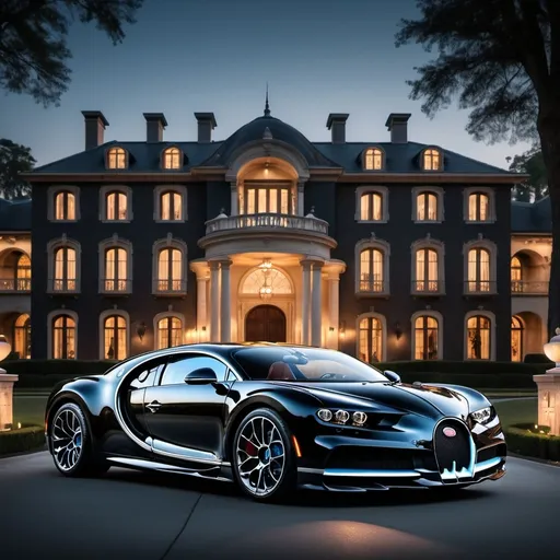 Prompt: A black Bugatti Chiron parking in front of a massive and luxurious mansion