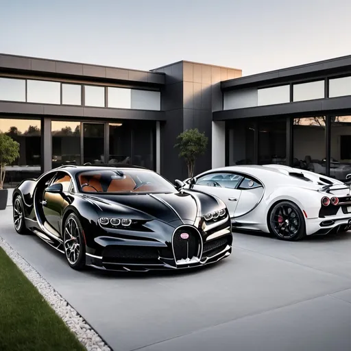 Prompt: Four black mix with white Bugatti Chiron Super Sport 300+ parking next to each other in a massive yard of a luxurious and modern penthouse.