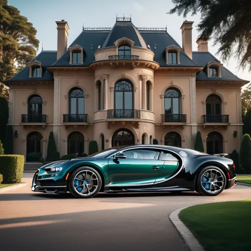 Prompt: (Three black Bugatti Chiron parking next to each other), luxurious and massive mansion, (opulent architecture), immaculately manicured lawn, grand entrance, elegant design, late afternoon sunlight casting dramatic shadows, vibrant emerald greenery, warm hues reflecting from the mansion, (high contrast), (4K), ultra-detailed, sophisticated ambiance, (rich textures) creating a cinematic and glamorous scene.