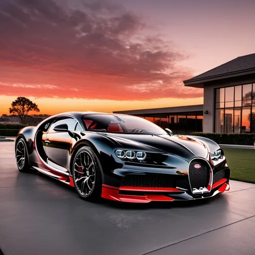 Prompt: Ten black mix with red Bugatti Chiron Super Sport 300+ parking next to each other in a line in a massive yard of a luxurious and modern penthouse. Sunset