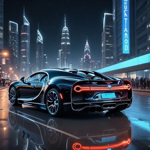 Prompt: A lively night metropolis city with so many black Bugatti Chiron on the road , a lot of tall, futuristic skyscrapers