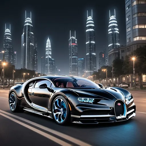 Prompt: A lively night metropolis city with 5 black Bugatti Chiron on the road , a lot of tall, futuristic skyscrapers