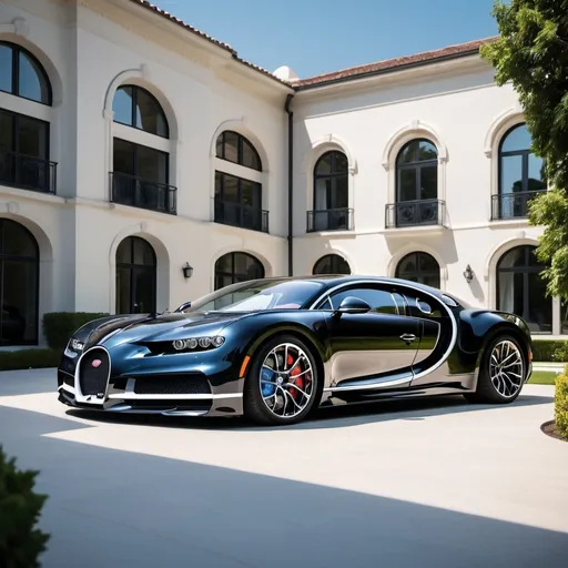 Prompt: (Ten Bugatti Chiron Super Sport 300+ parked), sleek black mixed with elegant white, (opulent luxurious penthouse yard), modern architecture, lush greenery, vast spacious layout, bright blue sky, sunlight reflecting off the cars' polished surfaces, (high-quality 4K ultra-detailed), exquisite design elements, stylish outdoor furniture, elegant ambiance, a stunning display of automotive excellence.