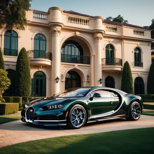 Prompt: (black Bugatti Chiron), luxurious mansion, (opulent architecture), immaculately manicured lawn, grand entrance, elegant design, late afternoon sunlight casting dramatic shadows, vibrant emerald greenery, warm hues reflecting from the mansion, (high contrast), (4K), ultra-detailed, sophisticated ambiance, (rich textures) creating a cinematic and glamorous scene.