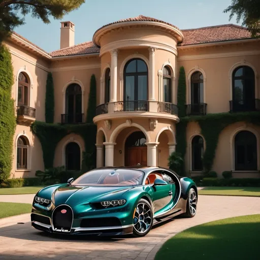 Prompt: (black Bugatti Chiron), luxurious mansion, (opulent architecture), immaculately manicured lawn, grand entrance, elegant design, late afternoon sunlight casting dramatic shadows, vibrant emerald greenery, warm hues reflecting from the mansion, (high contrast), (4K), ultra-detailed, sophisticated ambiance, (rich textures) creating a cinematic and glamorous scene.