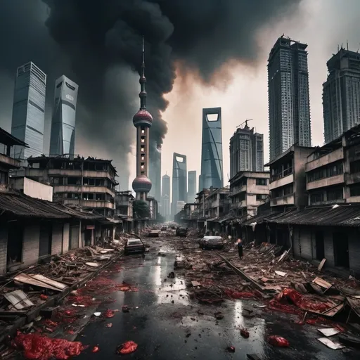 Prompt: Extremely destroyed city, badly destroyed skyscrapers, road, smashed buildings at the sides. Rotting human corpses all over the place, headless, entrails hanging out, terror, gore, bloody buildings, lots of skyscrapers, eerie atmosphere, pretty dark sky, raining heavily. Shanghai city. A lot of dead bodies lying on the ground, extremely bloody and disgusting. Fire burning everywhere in the buildings, the air is foggy and dark. The sky is dark and eerie, extremely eerie. Smoke on the roof of burning buildings. It’s in the night, the sky is black.