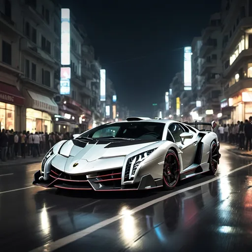 Prompt: a metropolis city in the night, extremely lively, lots of Lamborghini Veneno roaming around the roads.